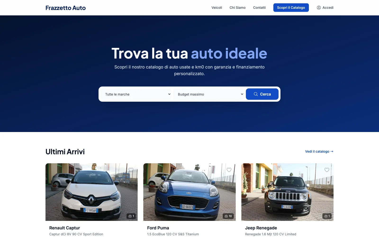 Il sito vetrina RomilCar di un autosalone reale: ricerca per marca e budget, ultimi arrivi con foto